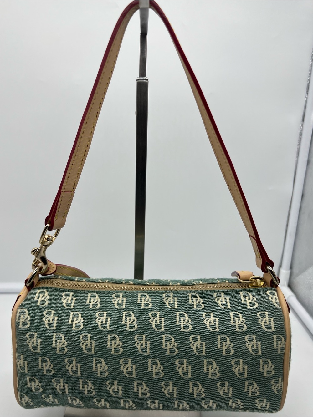 DOONEY & BOURKE Y2K Mini Barrel Monogram Green Canvas Leather Trim Shoulder Bag - Picture 6 of 15